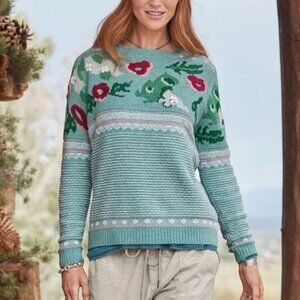 Sundance Bold Botanical Green Pink Floral Wool Embroidered Sweater Size Large